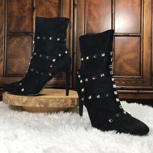 Black Faux Suede Gold Pyramid Stud Strappy Bootie